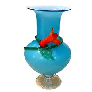 Hand Blown Blue Case Art Glass Vase With Applied Orange Flower‎ & GREEN VINE